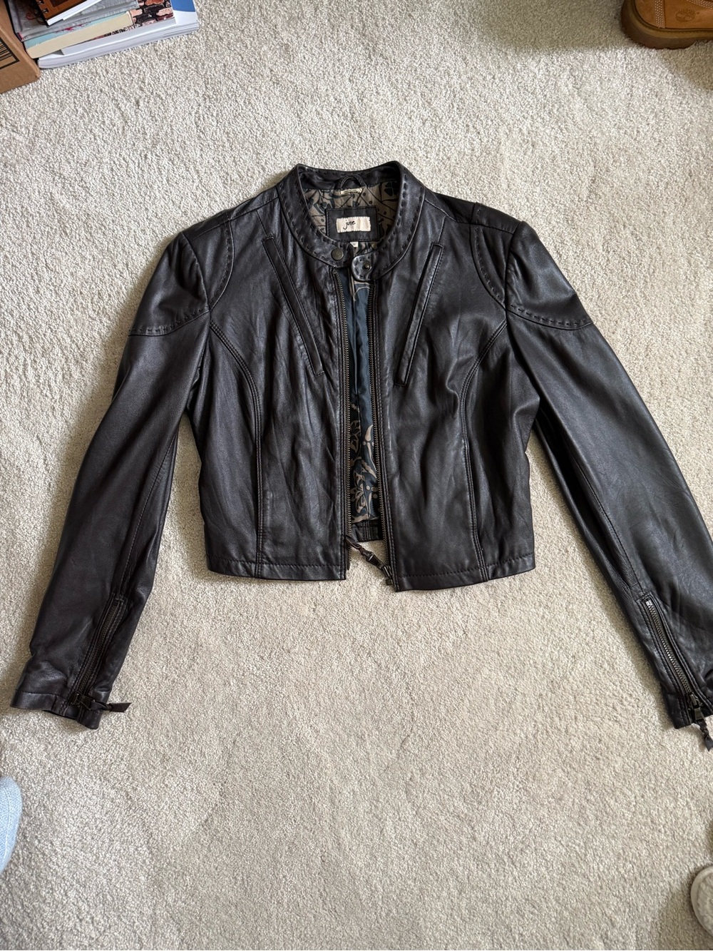 Classic Brown Cropped Leather Jacket by June